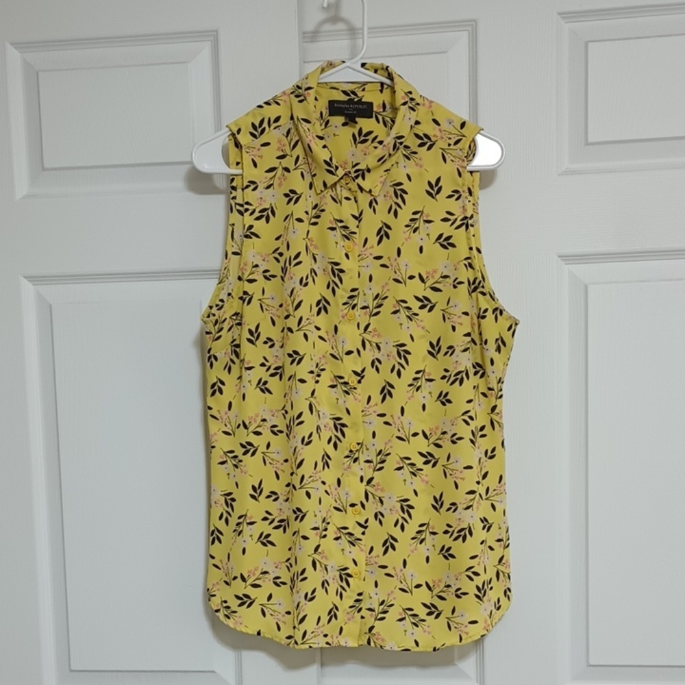#53 Banana Republic Yellow Top with Black Floral Design